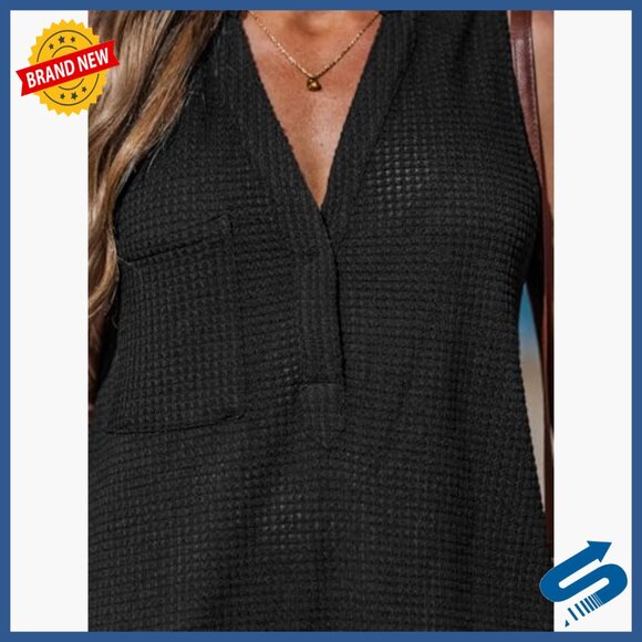 Sleeveless Waffle Knit Beach Coverup Dress Mini Length V Neck Pocket - Picture 3 of 7